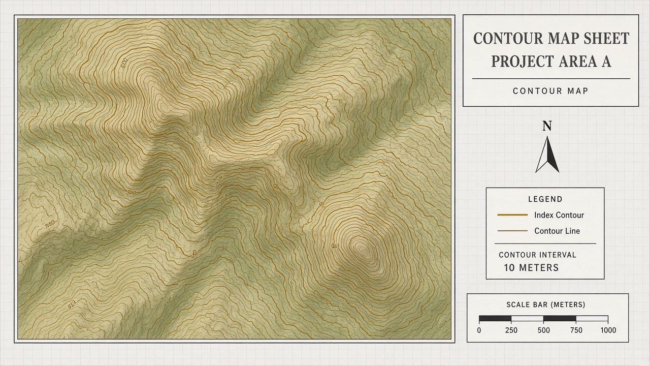 Illustrated contour map over a valley.