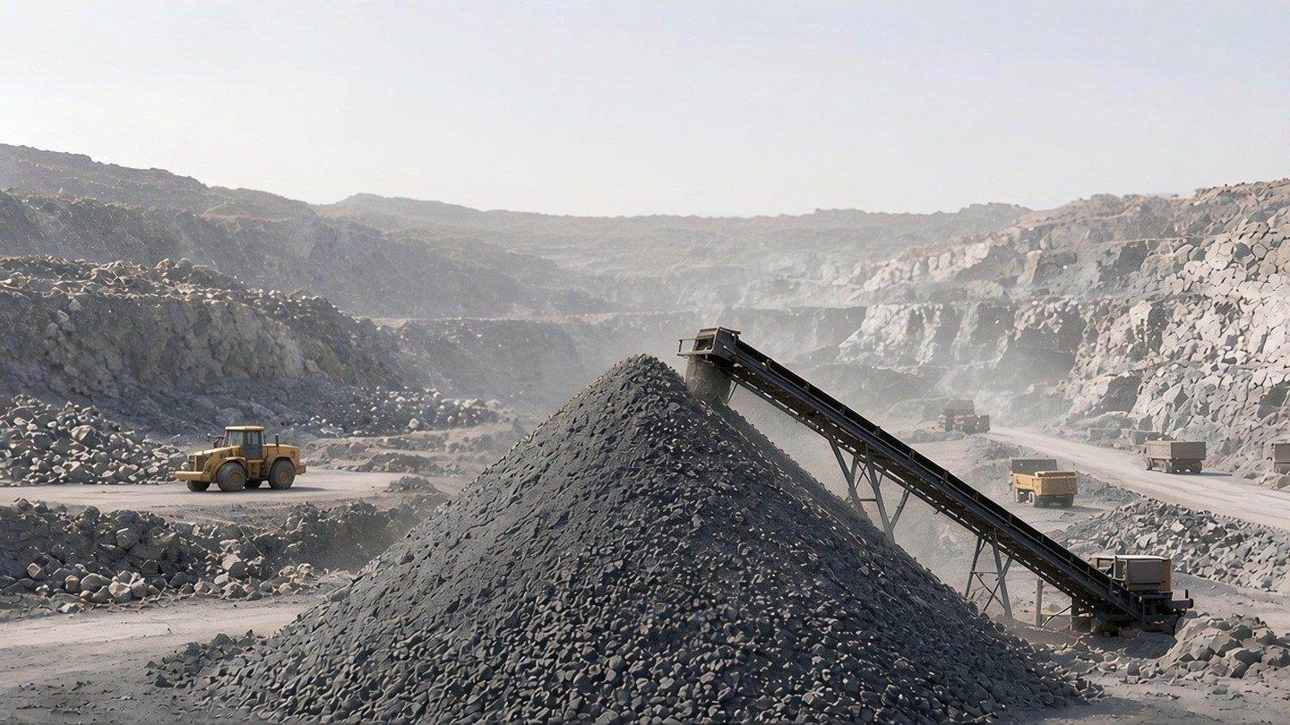 Aerial view of a quarry and stockpiles.
