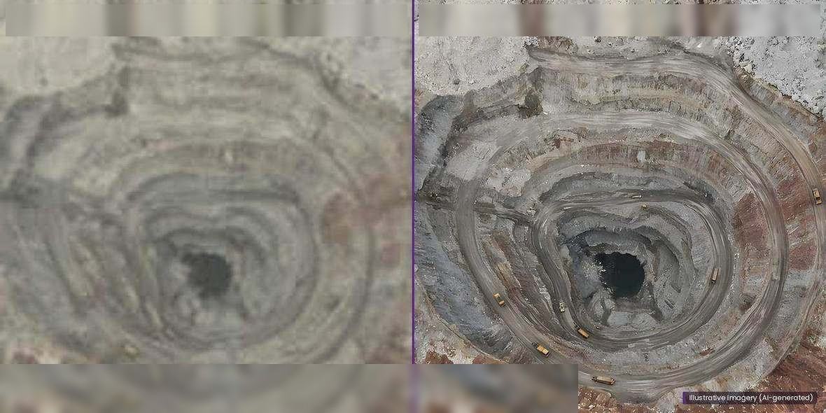 Satellite view beside a drone orthomosaic of an open-pit mine.