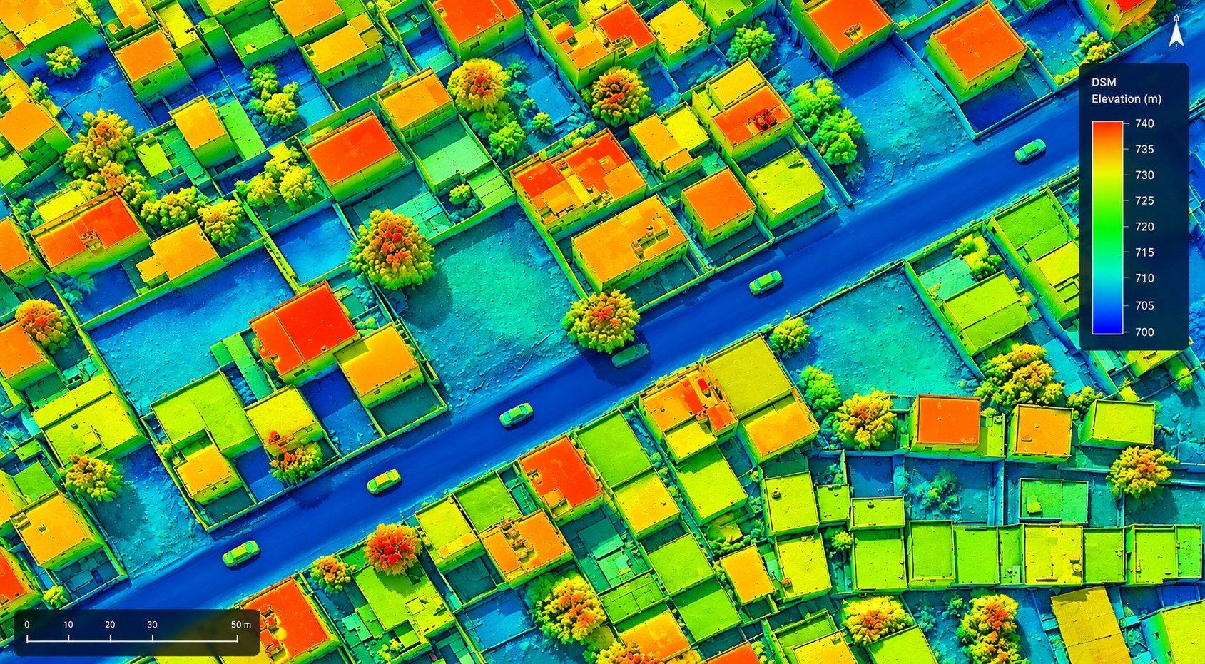 Illustrative digital surface model of a neighbourhood. Not a client flight.