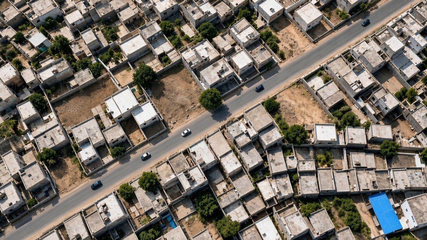 Illustrative raw aerial of a neighbourhood. Not a client flight.