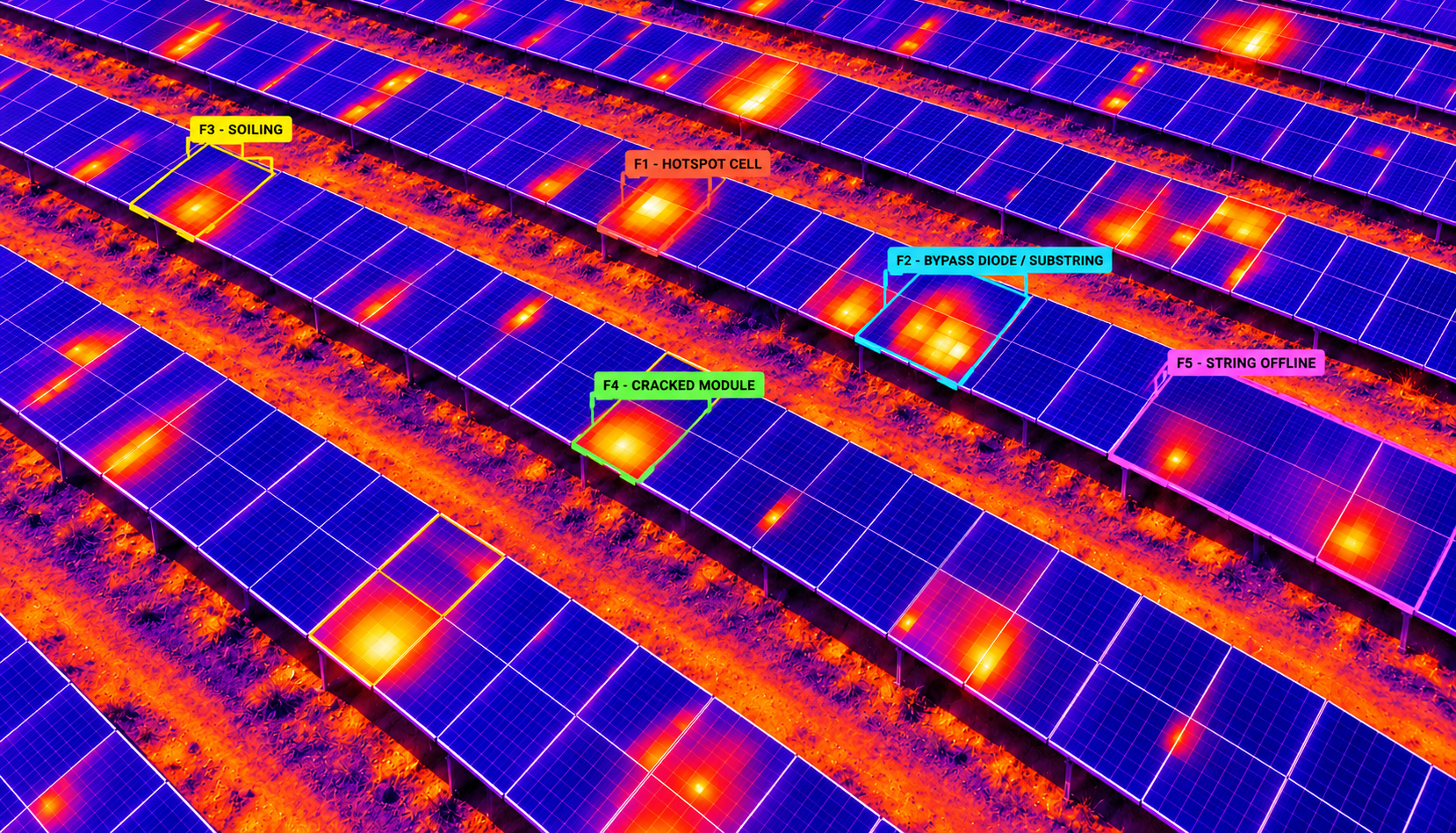 Thermal solar inspection with annotated hotspots, soiling, bypass diode faults, cracked modules and offline strings.